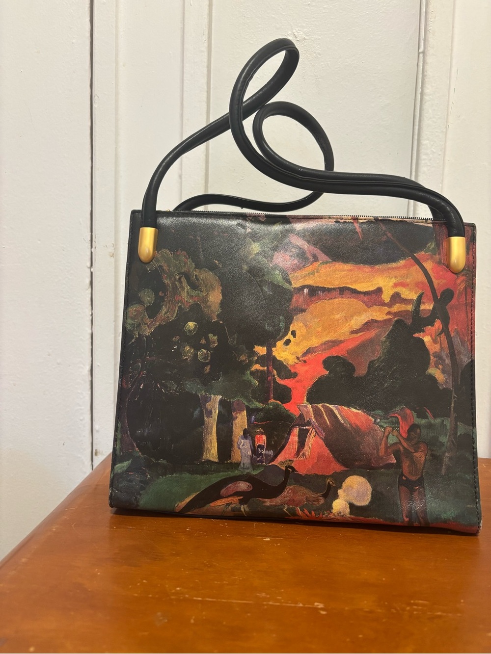 Artistic Printed Leather Tote Bag in Black and Multicolor